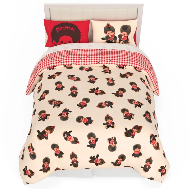 Monchhichi Bedding 7 Piece Queen Duvet Cover Set, Soft and Comfortable, Reversible Bedding Set with Pillow Sham, Officially Licensed Product Franco