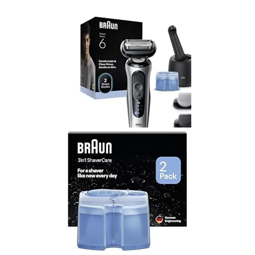 Braun Series 6 Electric Shaver for Men Bundle with 4-in-1 SmartCare Cleaning Center & 2 Shaver Care Refill Cartridges, Cordless Razor, Gentle & Turbo Shave Modes, Gift Set, Model 62-S7650CC Silver
