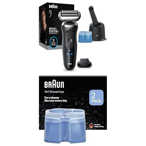 Braun Series 7 Electric Shaver for Men Bundle with 4-in-1 SmartCare Cleaning Center & 2 Shaver Care Refill Cartridges, Cordless Electric Razor, Model 72-N7200cce Gold