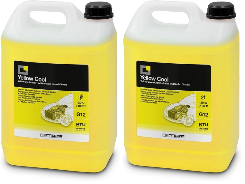 ERRECOM Yellow Cool, Yellow Coolant and Antifreeze -20°C/+106°C, Fluorescent Formulation with organic-based OAT inhibitor package, G12, Ready to Use, 5 Litre (Pack of 2) - Image 1
