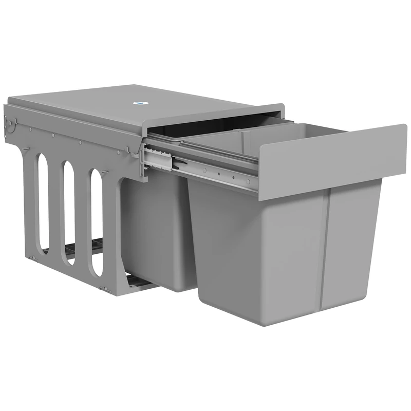 HOMCOM 30L Pull Out Bin - 2 Compartments (15L Each), Soft Close Under Sink Bin with Removable Buckets for 400mm Cabinets, Kitchen Waste and Recycling, Base Mounted, Light Grey