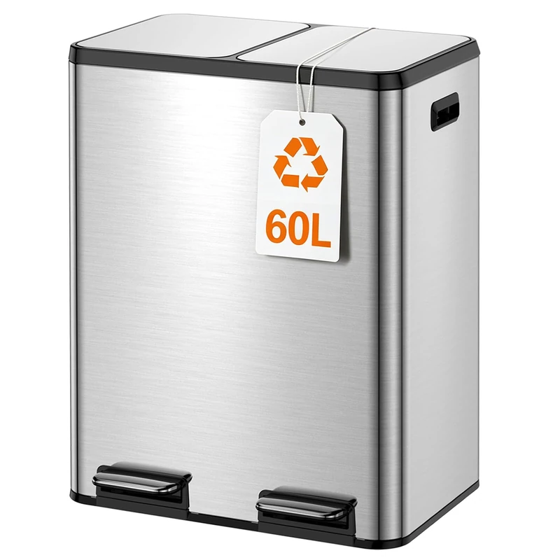 Kitchen Bin,60L Dual Rubbish Bin,2 x 30L Stainless Steel Pedal Bin,Double Bin Recycling with Soft-Close Lids and Plastic Inner Buckets,Fingerprint Proof,Odour Seal,Large Capacity,Classic Silver