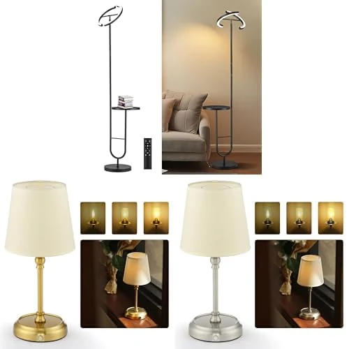 Bundle of LuminexDesigns Floor Lamp with Shelf for Living Room + LuminexDesigns Bedside Lamps, 5200 mAh Rechargeable Cordless Table Lamps for Living Room with Bulb