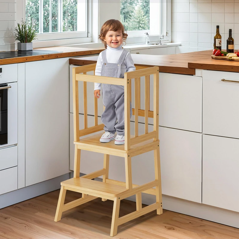 Cosyland Toddler Kitchen Standing Tower – Height Kids learning helper Tower with Safety Railing, Compact Anti-Drop Step Stool Design for 1.5-3 Year Olds (Natural)