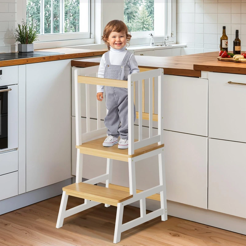 Cosyland Toddler Kitchen Standing Tower – Height Kids learning helper Tower with Safety Railing, Compact Anti-Drop Step Stool Design for 1.5-3 Year Olds (White Natural)
