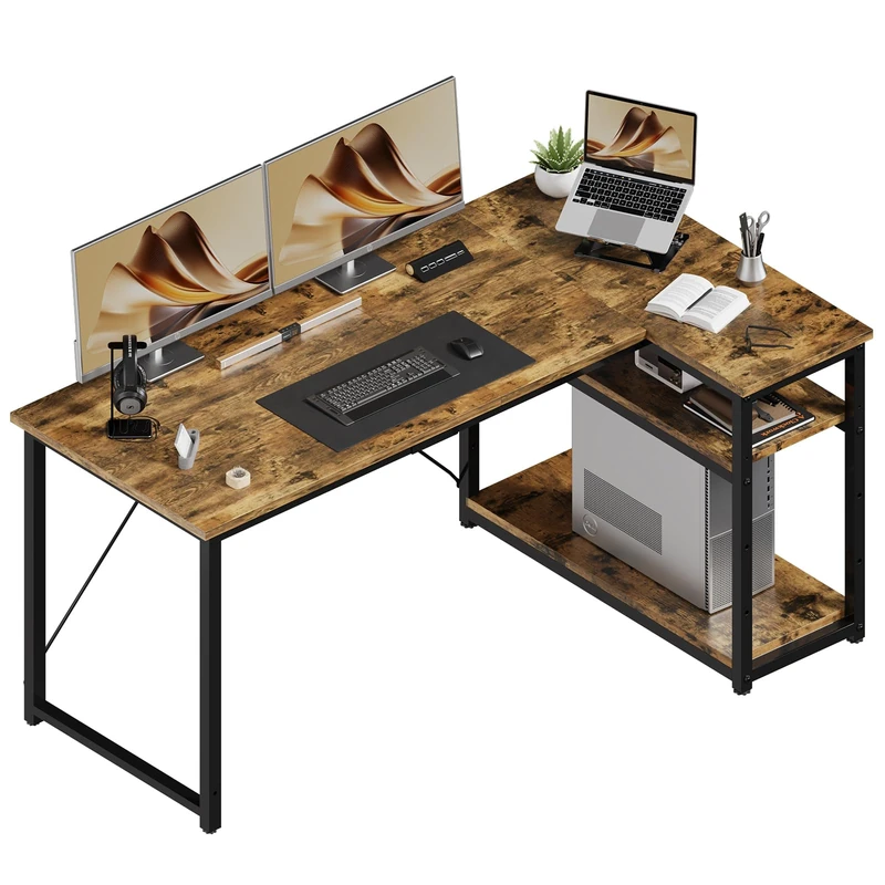 JUMMICO L Shaped Desk 140x80cm with Storage, Corner Computer Desk with Reversible Shelf, Sturdy Office Desk & Workstations for Home Office, Brown