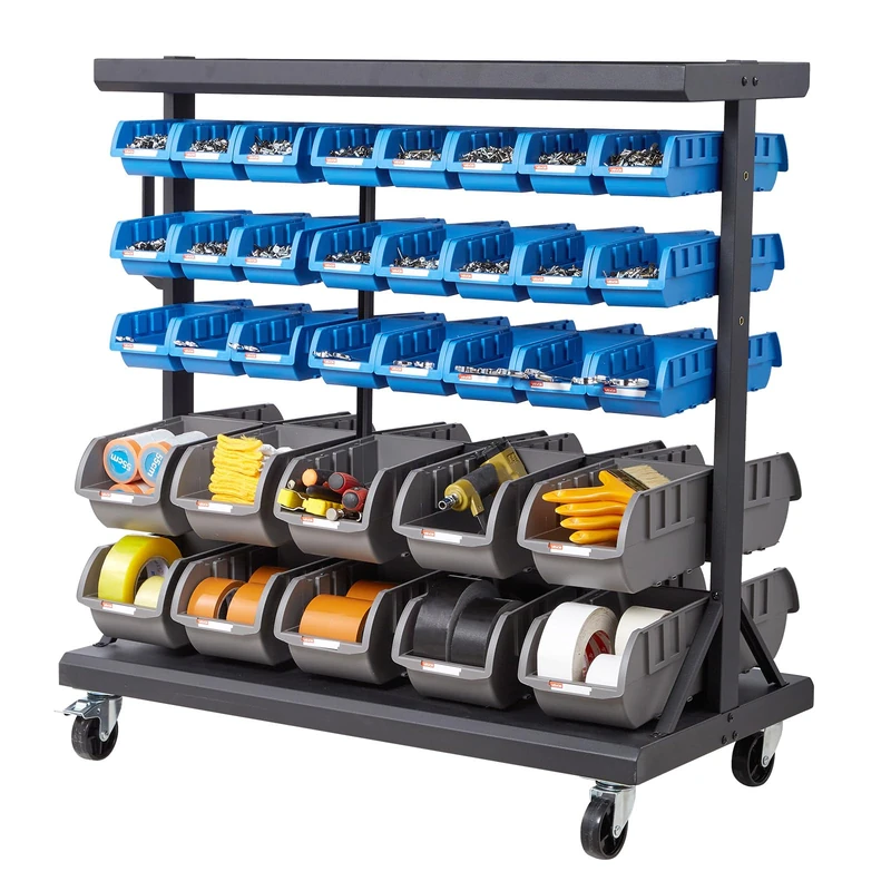 VEVOR 5 Tier Double Sided Rolling Storage Shelving Unit with 68 Assorted PP Bins for Garage, Warehouse, Office, Restaurant and Classroom, 900 x 500 x 950 mm