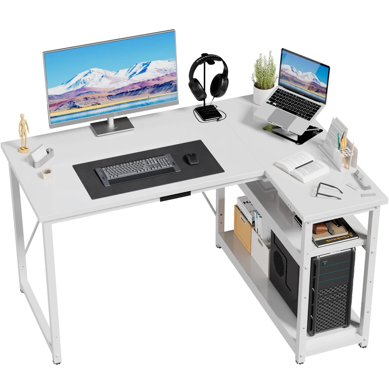 JUMMICO L Shaped Desk 120x80cm with Storage, Corner Computer Desk with Reversible Shelf, Sturdy Office Desk & Workstations for Home Office, White