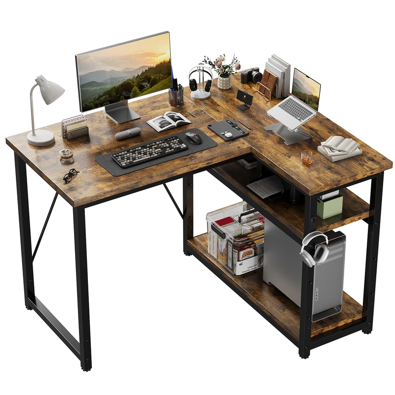 JUMMICO Small L Shaped Desk 100x80cm with Storage, Corner Computer Desk with Reversible Shelf, Sturdy Office Desk & Workstations for Home Office,Home Office Work Table Brown