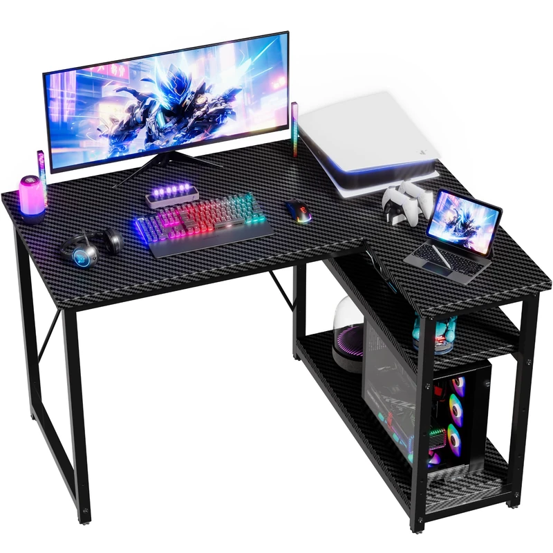 JUMMICO Small L Shaped Desk 100x80cm with Storage, Corner Computer Desk with Reversible Shelf, Sturdy Office Desk & Workstations for Home Office, Carbon Fibre Black