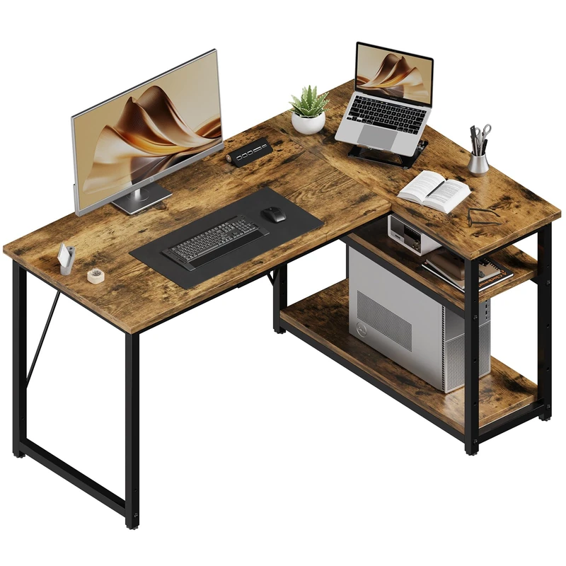 JUMMICO L Shaped Desk 120x80cm with Storage, Corner Computer Desk with Reversible Shelf, Sturdy Office Desk & Workstations for Home Office, Brown