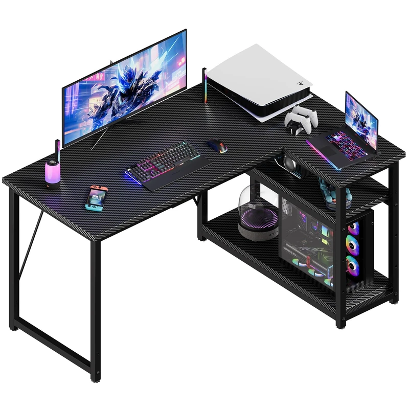 JUMMICO L Shaped Desk 120x80cm with Storage, Corner Computer Desk with Reversible Shelf, Sturdy Office Desk & Workstations for Home Office, Carbon Fibre Black