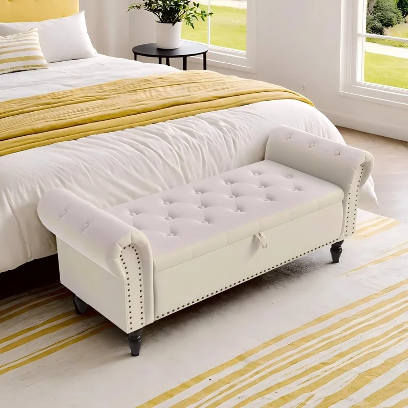 Clevich Ottoman Storage Bench, Velvet End of Bed Storage Box with Lid, Sturdy Wood Legs Footrest, 168KG Load Capacity, Sofa Bench for Bedroom/Living Room, 133x53x46cm