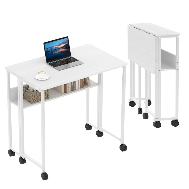 GarveeHome Folding Desk for Small Spaces, 80 cm Space-Saving Desk, Folding Computer Desk with Storage Space and 6 Wheels, Small Computer Desk for Home Office, Study, White