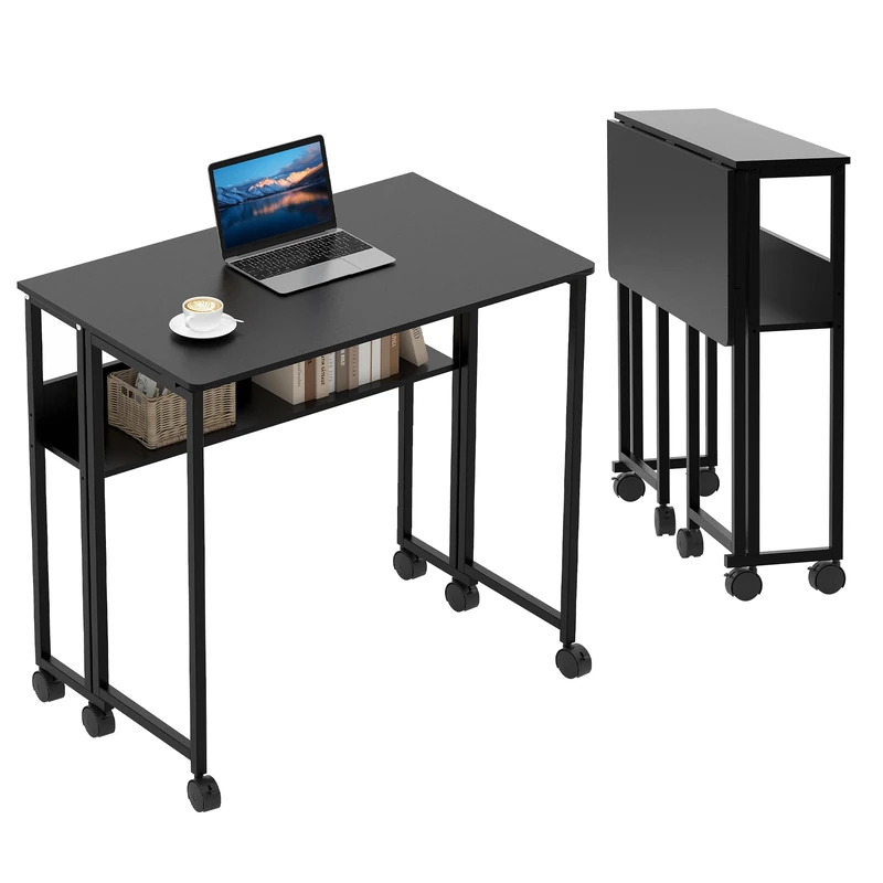 GarveeHome Folding Desk for Small Spaces, 80 cm Space-Saving Desk, Folding Computer Desk with Storage Space and 6 Wheels, Small Computer Desk for Home Office, Study, Black
