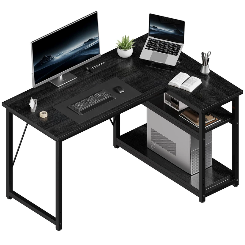 JUMMICO Small L Shaped Desk 100x80cm with Storage, Corner Computer Desk with Reversible Shelf, Sturdy Office Desk & Workstations for Home Office, Black