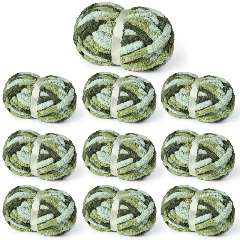 10 Pack Fluffy Chunky Chenille Yarn for Crocheting, Jumbo Chunky Blanket Yarn for Hand Knitting, 240yds/70.5oz Super Bulky Variegated Baby Blanket Yarn (Forest Green)