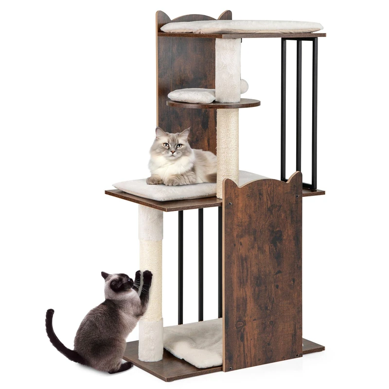 GYMAX Multi-level Cat Tree, 112cm Modern Cat Tower with Sisal Scratching Posts, Hanging Balls, and Padded Cushions, Kitty Activity Center for Indoor Cats