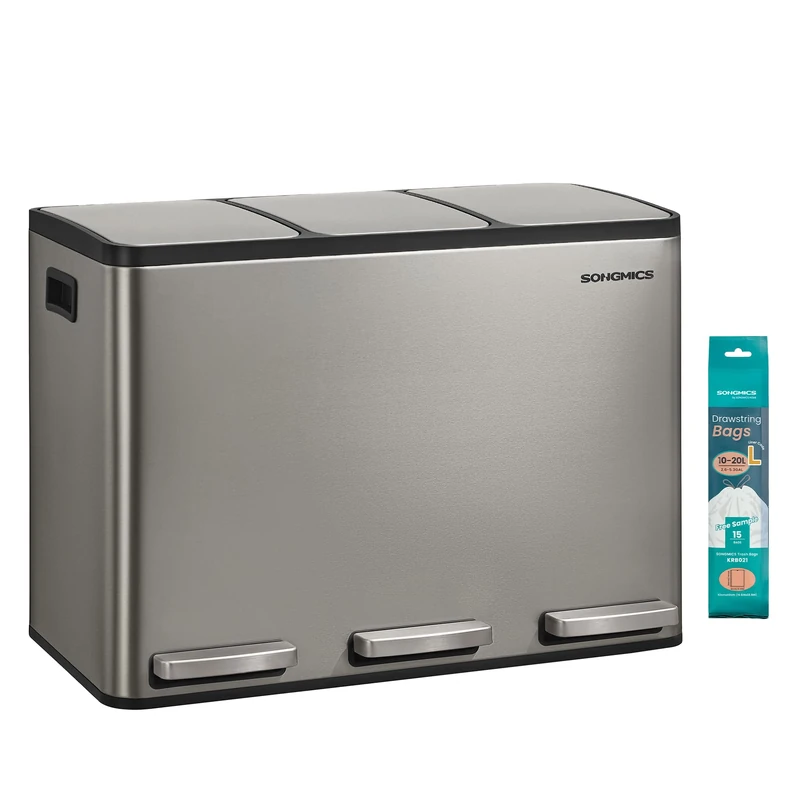 SONGMICS 3 x 4 Gallon (3 x 15 L) Kitchen Bin, 3-Compartment Recycling Bin with 15 Rubbish Bags, Removable Inner Buckets, Lid, Handles, Soft Close, Stainless Steel, Silver LTB145EZ01
