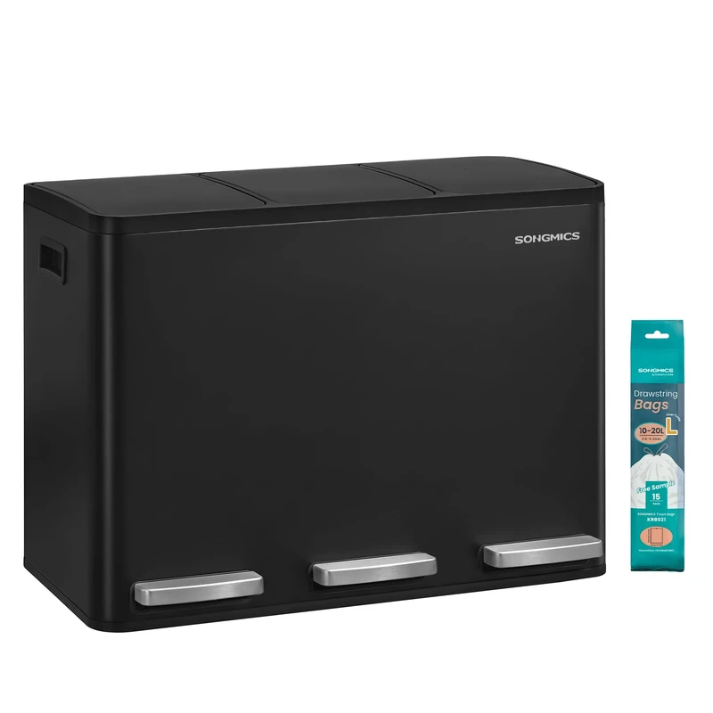 SONGMICS 3 x 4 Gallon (3 x 15 L) Kitchen Bin, 3-Compartment Recycling Bin with 15 Rubbish Bags, Removable Inner Buckets, Lid, Handles, Soft Close, Steel, Black LTB145BZ02