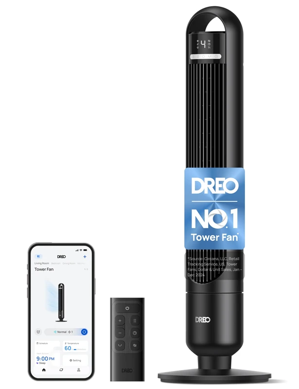 Dreo Smart Tower Fan for Bedroom, 25 dB Quiet Standing Fan with Air reach up to 29 ft, 4 Speeds & 3 Modes, 8H Timer, App, Alexa & Google Voice Control, 90° Oscillation, for Living Room, Home & Office