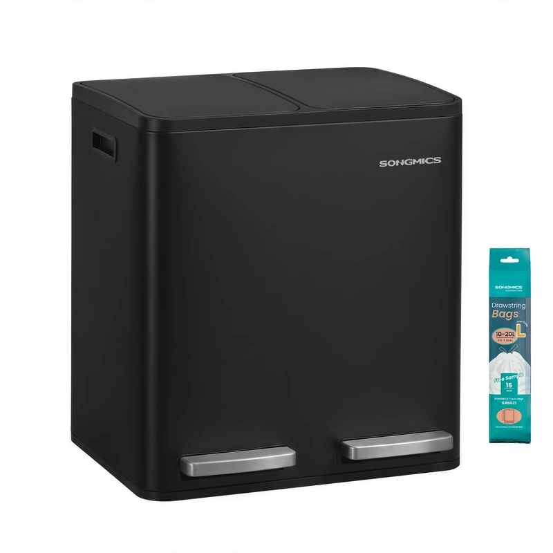 SONGMICS 2 x 4 Gallon (2 x 15 L) Kitchen Bin, 2-Compartment Recycling Bin with 15 Rubbish Bags, Removable Inner Buckets, Lid, Handles, Soft Close, Steel, Black LTB130BZ02