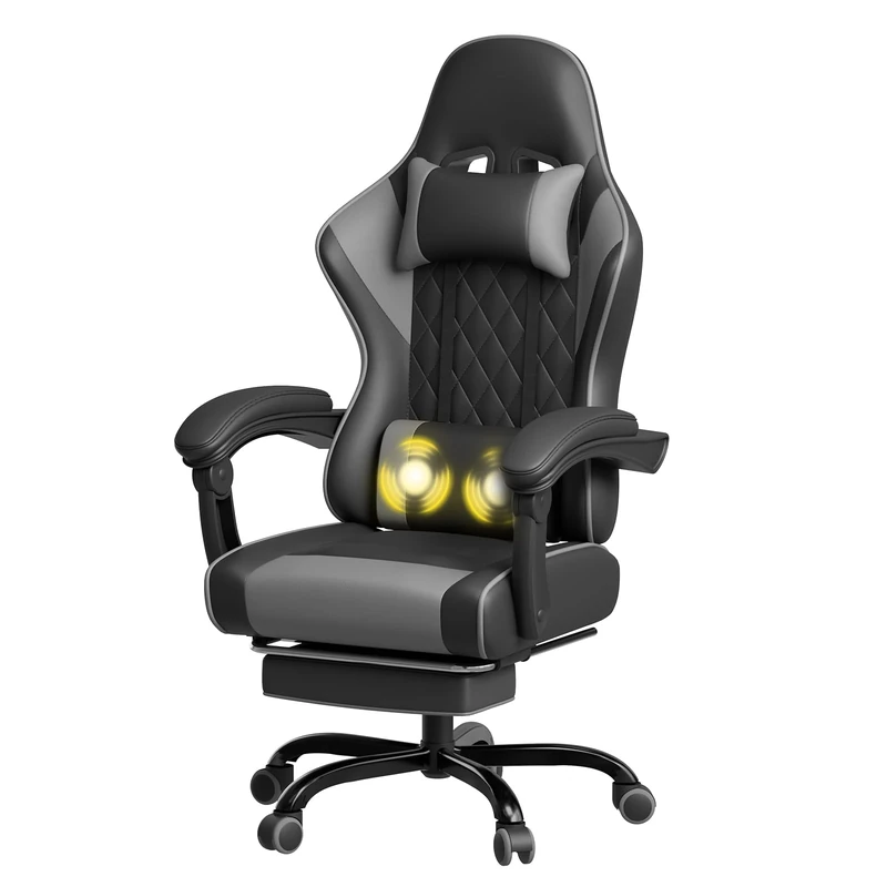 JUMMICO Gaming Chair, Desk Chair with Massage Function, Office Chair Ergonomic with Footrest, 150 kg, Gray
