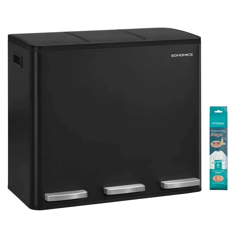 SONGMICS 3 x 4.8 Gallon (3 x 18 L) Kitchen Bin, 2-Compartment Recycling Bin with 15 Rubbish Bags, Removable Inner Buckets, Lid, Handles, Soft Close, Steel, Black LTB254BZ02
