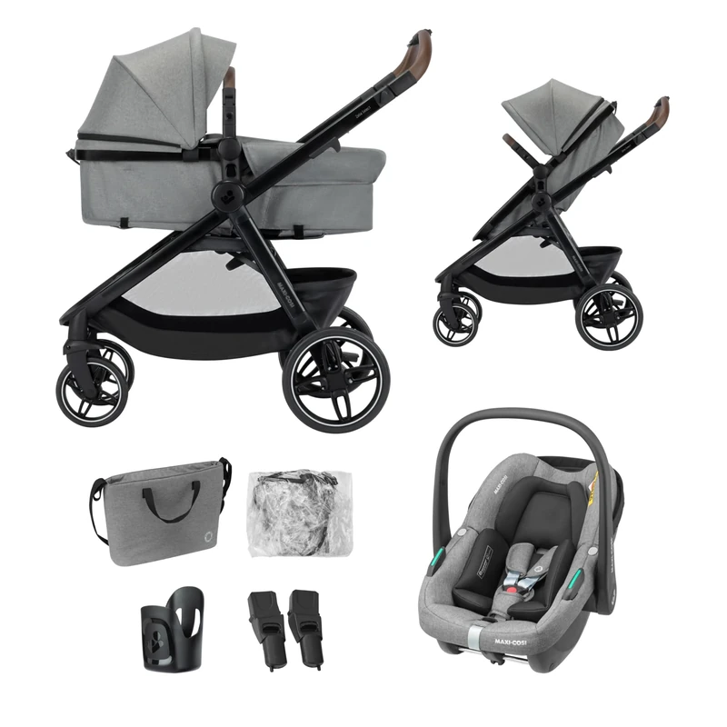 Maxi COSI Zelia Select Trio, Baby Stroller 3 in 1 with Car Seat, 0-4 Years (0-22 kg), One-Hand Fold, Compact and Reversible Puschair Travel System, with CabrioFix S i-Size Baby Car Seat, Grey
