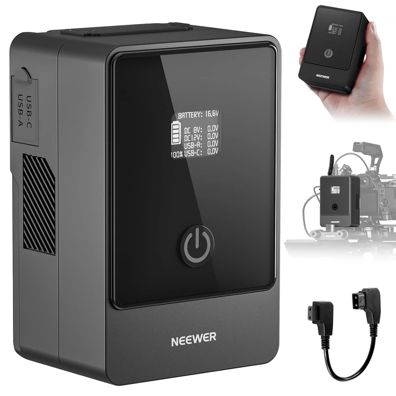 Neewer Mini V Mount Battery 6800mAh 99Wh, Two Way 100W USB C PD 3.0 Fast Charging, 2.5h Fully Charged, 6 Ports/OLED for Video Camera Camcorder Compatible with SmallRig BMPCC 4k 6k, PS099F Black