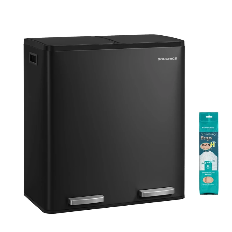 SONGMICS 2 x 8 Gallon (2 x 30 L) Kitchen Bin, 2-Compartment Recycling Bin with 15 Rubbish Bags, Removable Inner Buckets, Lid, Handles, Soft Close, Steel, Black LTB160BZ02