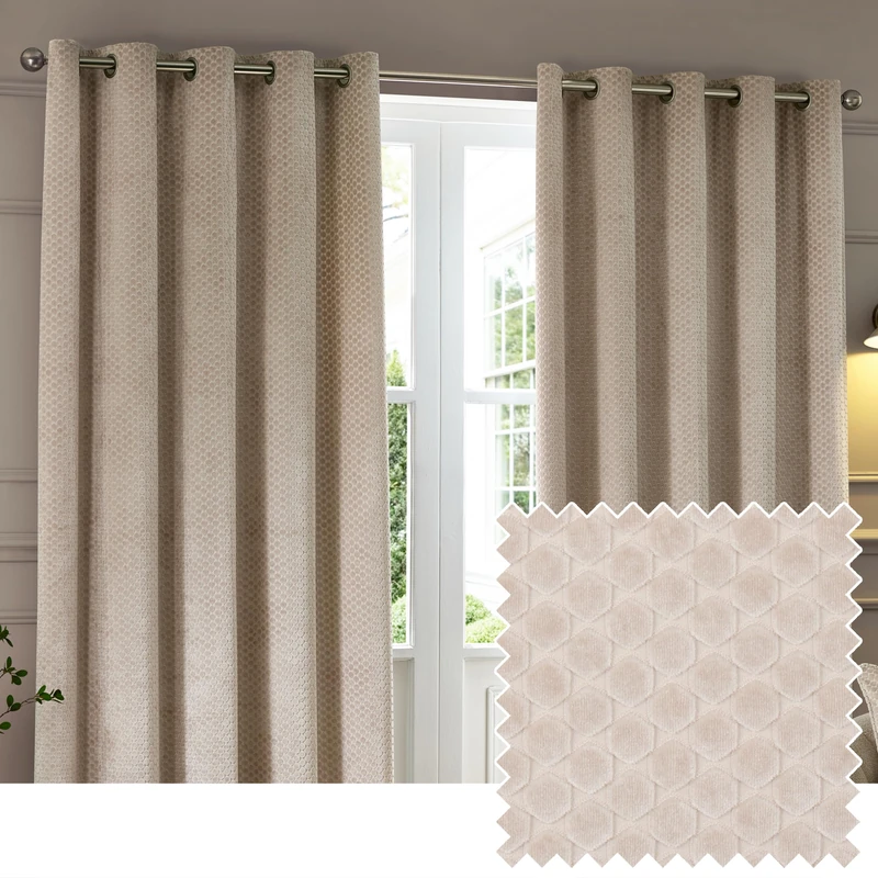 Paoletti Neptune Eyelet Curtain Pair – Lined Room Darkening Luxury Velvet Geometric Curtains (Champagne - 168x137cm)