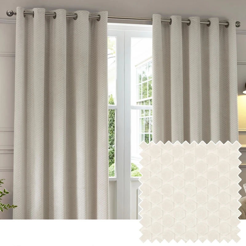 Paoletti Neptune Eyelet Curtain Pair – Lined Room Darkening Luxury Velvet Geometric Curtains (Ivory - 117x183cm)