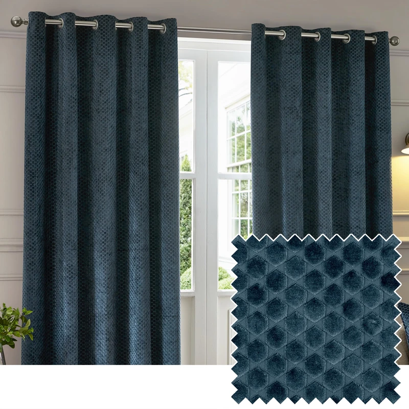 Paoletti Neptune Eyelet Curtain Pair – Lined Room Darkening Luxury Velvet Geometric Curtains (Navy - 229x183cm)