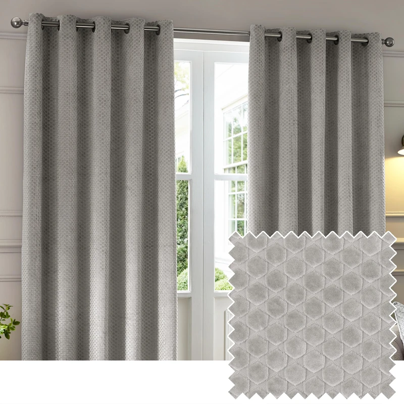 Paoletti Neptune Eyelet Curtain Pair – Lined Room Darkening Luxury Velvet Geometric Curtains (Silver - 117x137cm)
