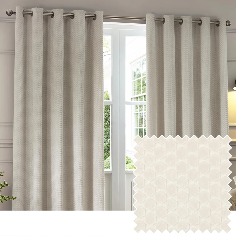 Paoletti Neptune Eyelet Curtain Pair – Lined Room Darkening Luxury Velvet Geometric Curtains (Ivory - 229x137cm)
