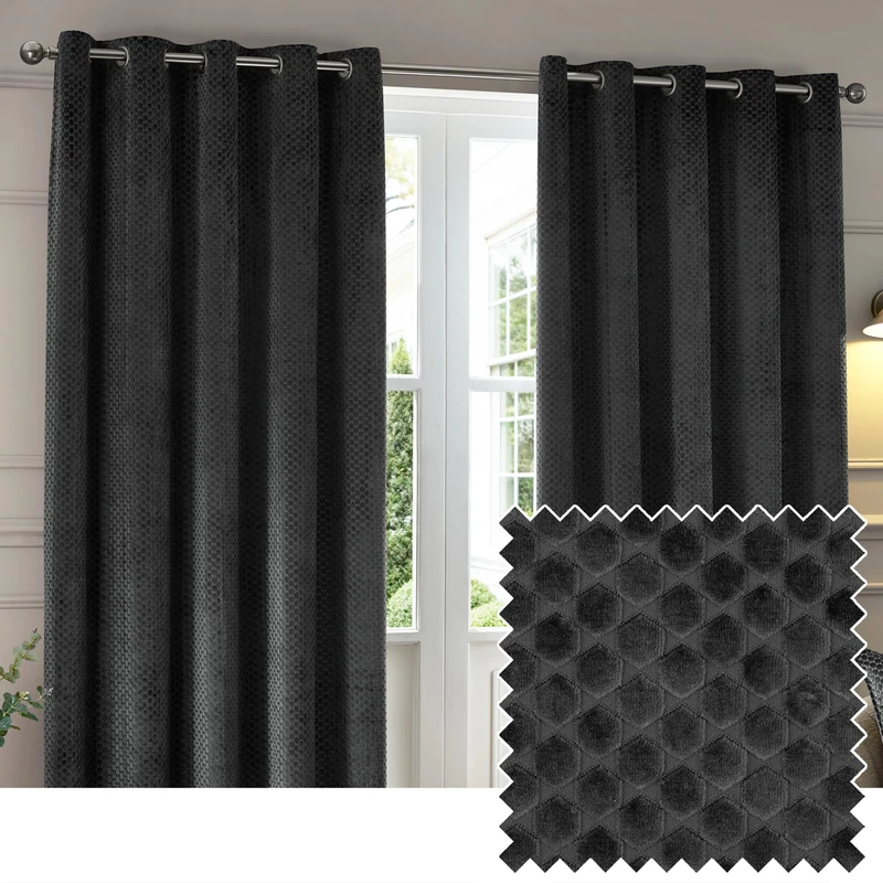 Paoletti Neptune Eyelet Curtain Pair – Lined Room Darkening Luxury Velvet Geometric Curtains (Charcoal - 168x183cm)