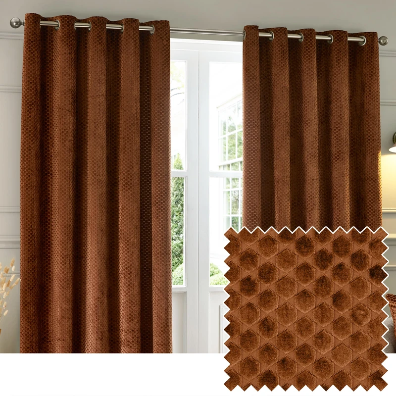 Paoletti Neptune Eyelet Curtain Pair – Lined Room Darkening Luxury Velvet Geometric Curtains (Copper - 229x183cm)