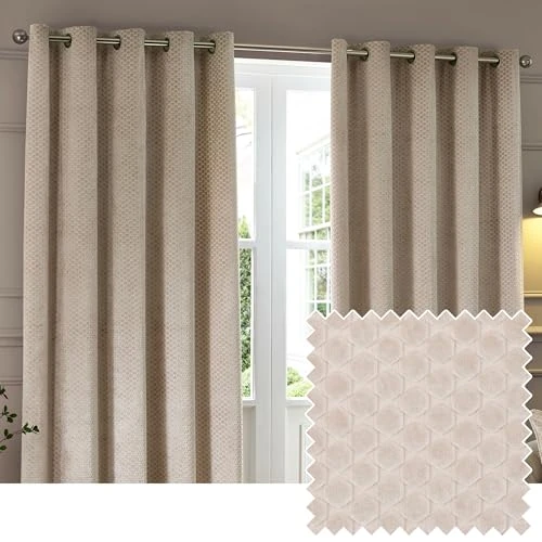 Paoletti Neptune Eyelet Curtain Pair – Lined Room Darkening Luxury Velvet Geometric Curtains (Champagne - 168x183cm)