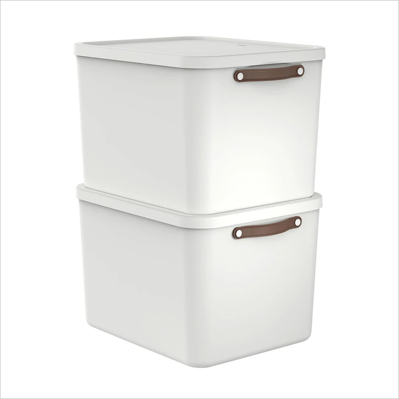 Rotho Maloja Storage Box with Lid, Set of 2, 55 L Storage Boxes with Handles, 53.5 x 40 x 34 cm (L x W x H), White