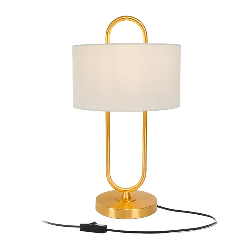 Relaxdays Table Lamp, Open U-Shape, Linen Shade, E27, HD 55 x 30.5 cm, Bedside Lamp with Cable, Bedroom, White/Gold