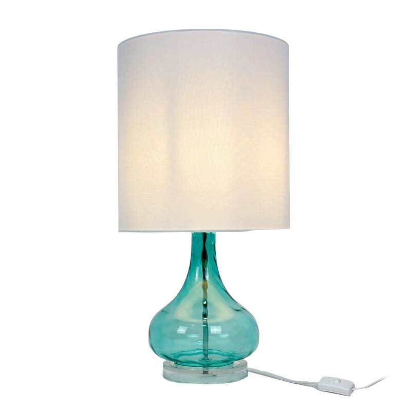 Relaxdays Table Lamp, Glass Base & Fabric Shade, E27, H x D: 62 x 30.5 cm, Table Lamp with Cable, Living Room, White/Blue - Image 1