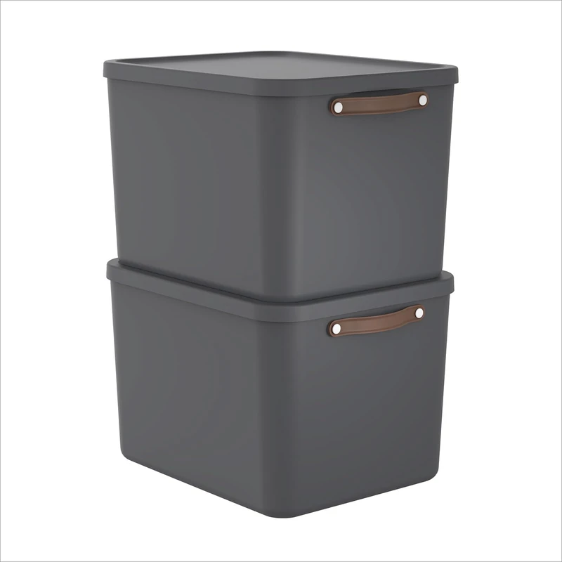 Rotho Maloja Storage Box, Set of 2, 55 L with Lid, 53.5 x 40 x 34 cm (L x W x H) (Anthracite)