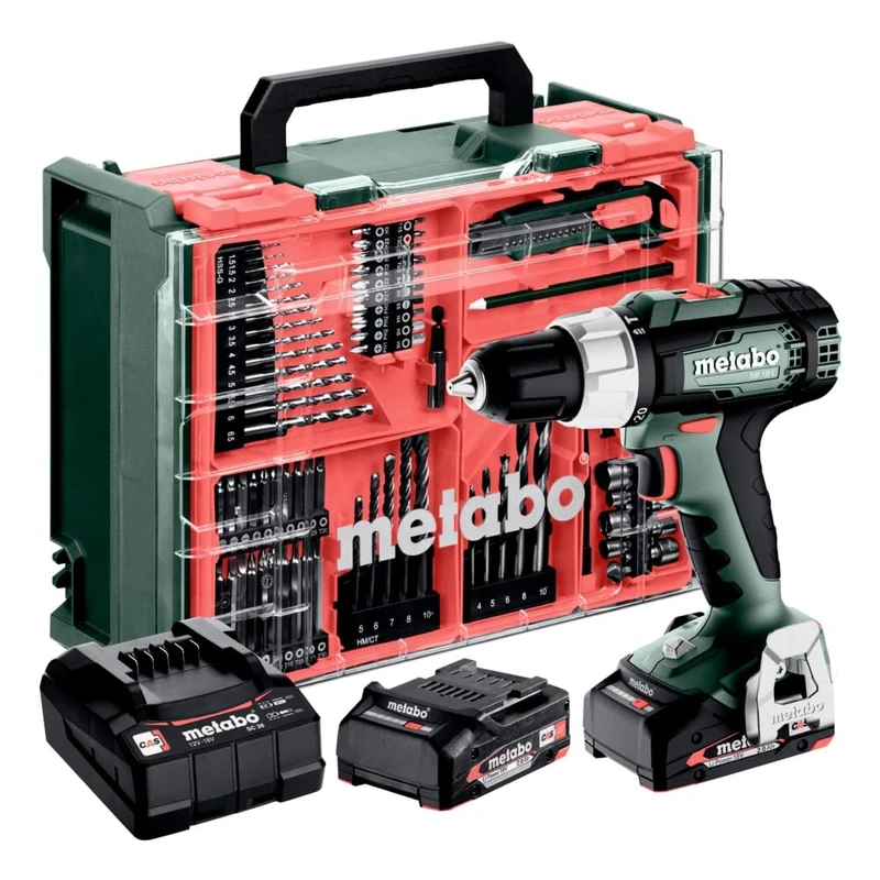 Metabo 614053940 SB 18 L Combi Drill, 2 x 18V 2.0Ah Li-ion, SC 36 Charger, + 78 PCE Accessory Set