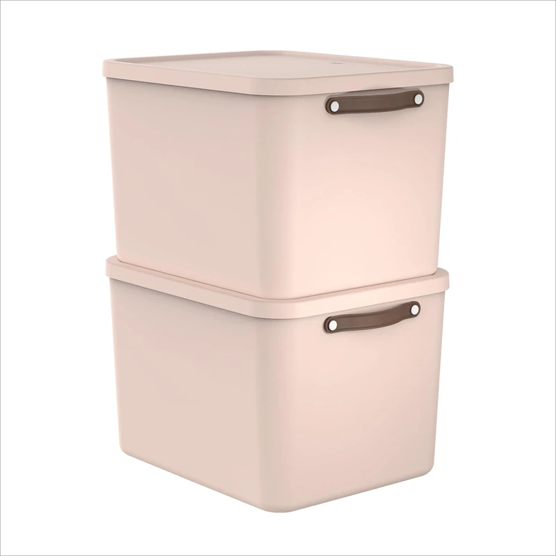 Rotho Maloja Storage Box, Set of 2, 55 L with Lid, 53.5 x 40 x 34 cm (L x W x H) (Pink)