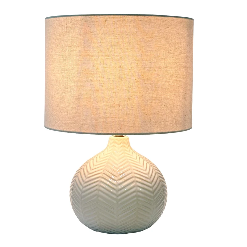 Relaxdays Table Lamp Herringbone Pattern Ceramic Base Fabric Shade E27 H42xD30cm Bedside Lamp with Cable White