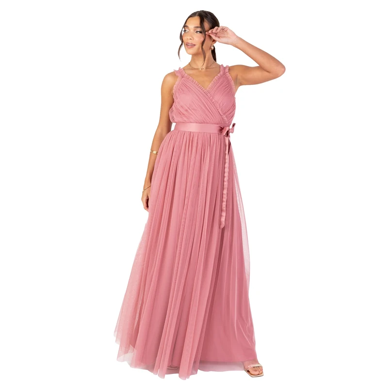 Anaya with Love Women's Maxi Dress Ladies V-Neck Sleeveless Wrap Ruffle Trim Tie Belt Bow A-line Bridesmaid Wedding Guest Evening Prom, Dusty Rose 20
