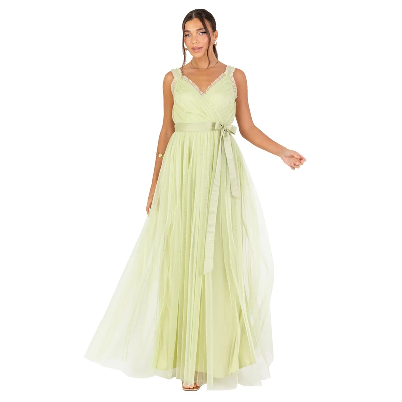 Anaya with LoveWomen's Maxi Dress Ladies V-Neck Sleeveless Wrap Ruffle Trim Tie Belt Bow A-line Bridesmaid Wedding Guest Evening Prom, Spring Green 12