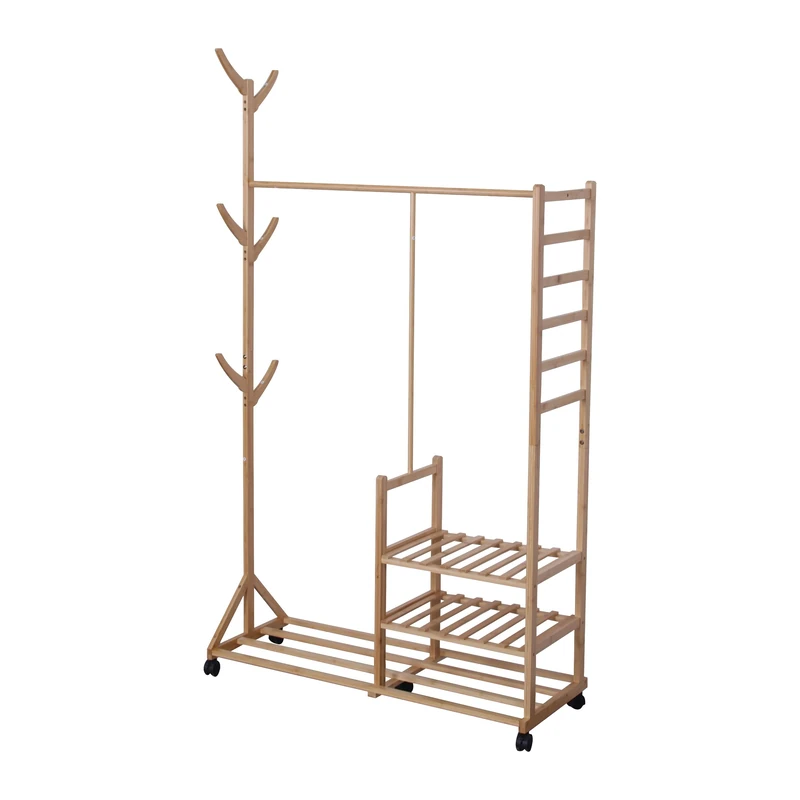 Relaxdays Bamboo Coat Rack with 4 Shelves, 6 Hooks, Wheels, 176x100x38 cm, Natural