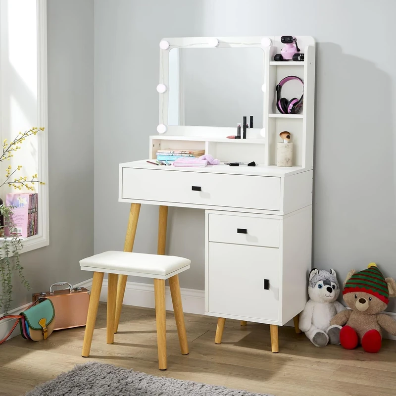 Home Source Forta White Dressing Table Set, 50.4 x 38.5cm Mirror with LED Lights, 3 Shelves, 2 Drawer with Metal Handles, PU Padded Stool, Modern Matt White Finish Chipboard Vanity Desk Station